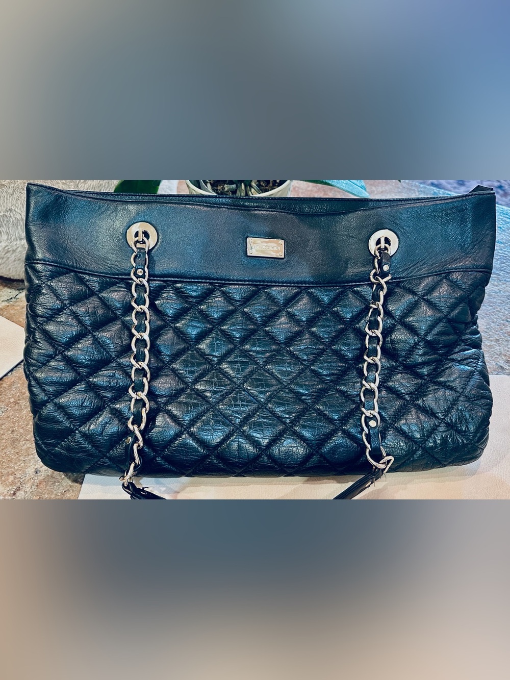St. John Black Quilted Leather Shoulder Tote with Chain Accents .with a Wallet